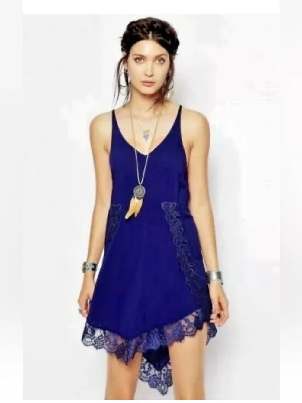 Free People Intimately Royal Blue Eyelashes Lace Trim Slip Dress